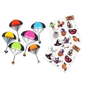 Bundle of 6 Pack Halloween Parachute Toys & 360 Halloween Temporary Tattoos
